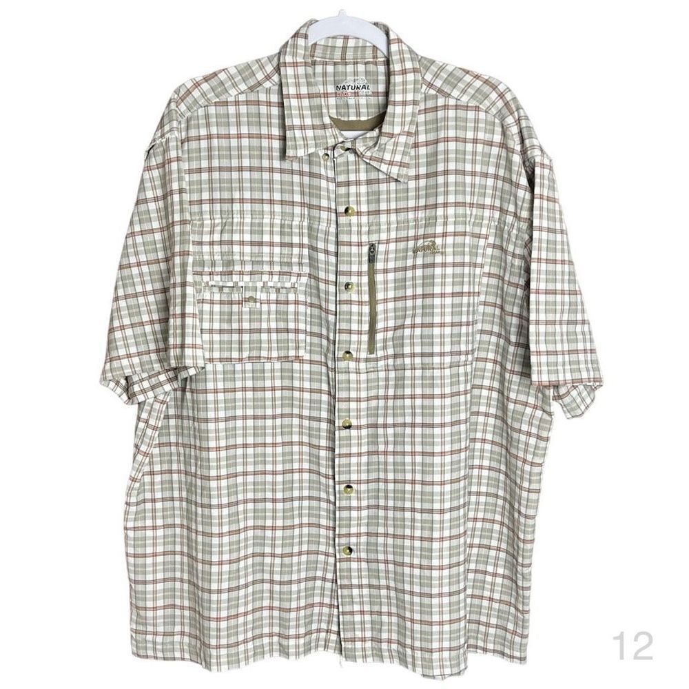 Natural gear mens xl brown gray plaid vented pocket zip fishing outdoor shirt